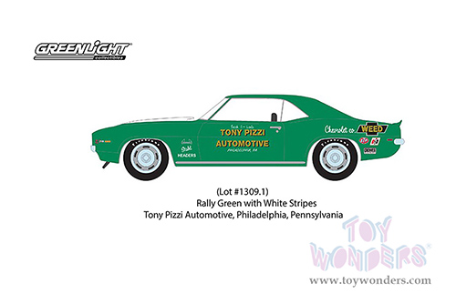 Greenlight - Barrett Jackson Series 10 | Chevrolet® Camaro Z/28 (Lot #1309.1) - Tony Pizzi Automotive, Philadelphia, Pennsylvania (1969, 1/64 scale diecast model car, Rally Green with White Stripes) 37260D/48