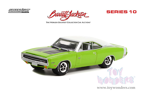 Greenlight - Barrett Jackson Series 10 | Dodge Charger HEMI R/T (Lot #777) (1970, 1/64 scale diecast model car, Sublime Green with White Roof and White Trunk Stripe) 37260E/48