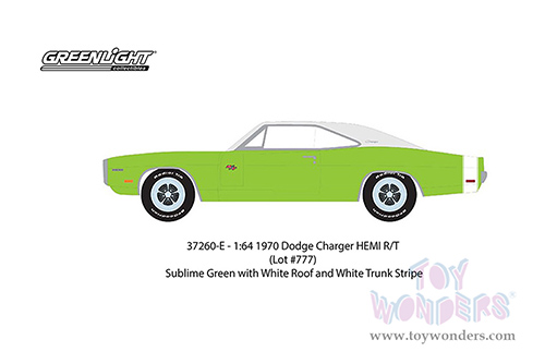 Greenlight - Barrett Jackson Series 10 | Dodge Charger HEMI R/T (Lot #777) (1970, 1/64 scale diecast model car, Sublime Green with White Roof and White Trunk Stripe) 37260E/48