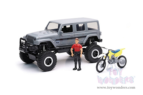 New Ray - Jeep&reg; Wrangler Sahara with Dirt Bike and Articulated Figurine (1/18, diecast model car, Gray) 37446A