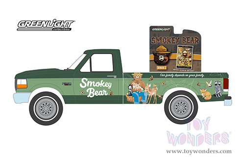  Greenlight - Smokey Bear Series 1 | Ford F-250 Pickup Truck "Our Family Depends On Your Family" (1995, 1/64 scale diecast model car, Dark Green/Light Green Stripes) 38020F/48