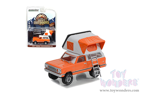 Greenlight - The Great Outdoors Series 2 | Dodge Ramcharger SE and Modern Rooftop Tent (1977, 1/64 scale diecast model car, Orange) 38030B/48