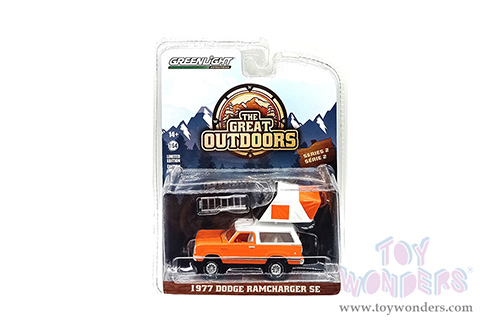  Greenlight - The Great Outdoors Series 2 | Dodge Ramcharger SE and Modern Rooftop Tent (1977, 1/64 scale diecast model car, Orange) 38030B/48