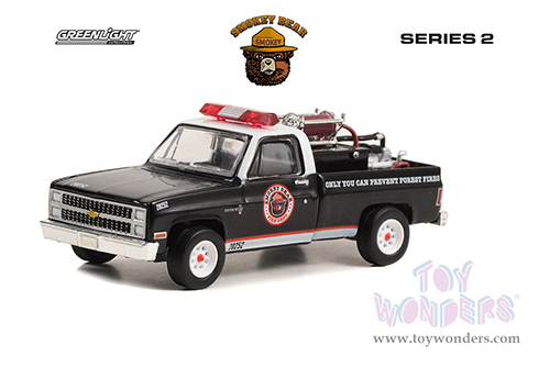  Greenlight - Smokey Bear Series 2 | Chevrolet&reg; C20 Custom Deluxe Pickup Truck with Fire Equipment, Hose and Tank "Only You Can Prevent Forest Fires" (1982, 1/64 scale diecast model car, Black with White Top) 38040C/48