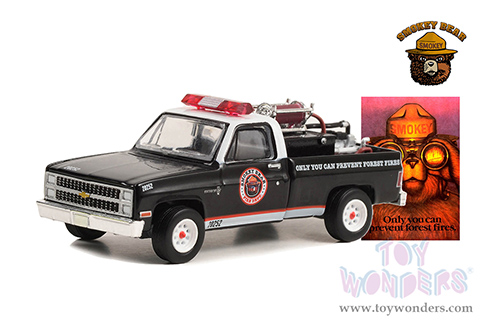  Greenlight - Smokey Bear Series 2 | Chevrolet&reg; C20 Custom Deluxe Pickup Truck with Fire Equipment, Hose and Tank "Only You Can Prevent Forest Fires" (1982, 1/64 scale diecast model car, Black with White Top) 38040C/48