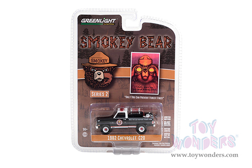  Greenlight - Smokey Bear Series 2 | Chevrolet&reg; C20 Custom Deluxe Pickup Truck with Fire Equipment, Hose and Tank "Only You Can Prevent Forest Fires" (1982, 1/64 scale diecast model car, Black with White Top) 38040C/48