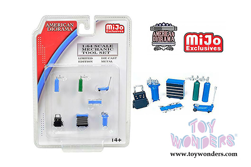 American Diorama/Mijo Exclusives - Mechanic Tool Set (7 pc. set, 1/64 scale diecast metal, Blue) 38405MJ