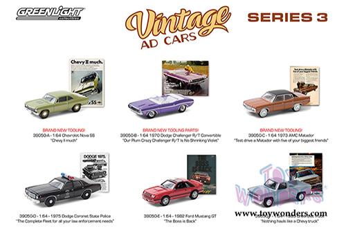 Greenlight - Vintage Ad Cars Series 3 (1/64 scale diecast model car, Asstd.) 39050/48
