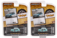 Show product details for Greenlight - Vintage Ad Cars Series 5 | Morris Mini Cooper S #53 "There Goes Mrs. Armstrong to Deliver a Baby" (1967, 1/64 scale diecast model car, Baby Blue with White Top) 39080B/48