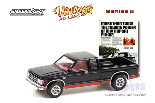 Greenlight - Vintage Ad Cars Series 5 | Chevrolet&reg; S-10 Maxi-Cab Pickup Truck "More than Twice the Towing Power of Any Import Pickup" (1983, 1/64 scale diecast model car, Black/Red Stripes) 39080E/48