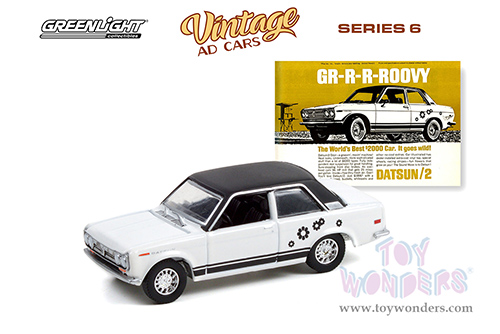 Greenlight - Vintage Ad Cars Series 6 | Datsun 510 "GR-R-R-ROOVY The World's Best $2000 Car. It Goes Wild!" (1969, 1/64 scale diecast model car, White/Black) 39090A/48