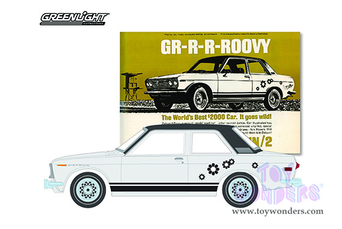 Greenlight - Vintage Ad Cars Series 6 | Datsun 510 "GR-R-R-ROOVY The World's Best $2000 Car. It Goes Wild!" (1969, 1/64 scale diecast model car, White/Black) 39090A/48