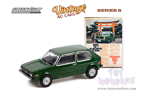 Greenlight - Vintage Ad Cars Series 6 | Volkswagen Rabbit "Rabbit. The #1 Selling Import In Japan" (1977, 1/64 scale diecast model car, Dark Green) 39090E/48