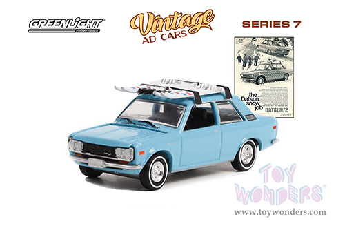 Greenlight - Vintage Ad Cars Series 7 | Datsun 510 with Ski Roof Rack "The Datsun Snow Job” (1970, 1/64 scale diecast model car, Blue) 39100C/48