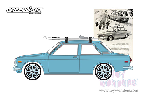Greenlight - Vintage Ad Cars Series 7 | Datsun 510 with Ski Roof Rack "The Datsun Snow Job” (1970, 1/64 scale diecast model car, Blue) 39100C/48