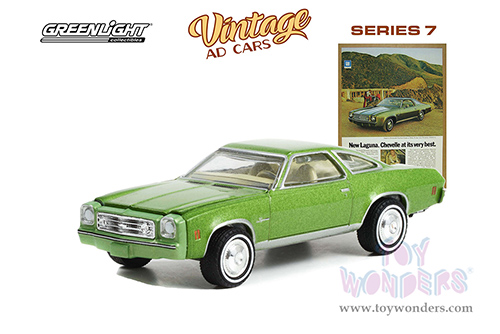 Greenlight - Vintage Ad Cars Series 7 | Chevrolet&reg; Chevelle Laguna Colonnade Hardtop Coupe "New Laguna. Chevelle At Its Very Best” (1973, 1/64 scale diecast model car, Green) 39100E/48