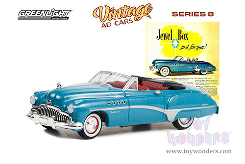Greenlight - Vintage Ad Cars Series 8 | Buick Roadmaster "Jewel Box Just For You!" (1949, 1/64 scale diecast model car, Blue Metallic) 39110A/48
