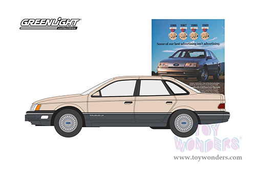 Greenlight - Vintage Ad Cars Series 8 | Ford Taurus "Some Of Our Best Advertising Isn't Advertising" (1989, 1/64 scale diecast model car, Beige) 39110E/48