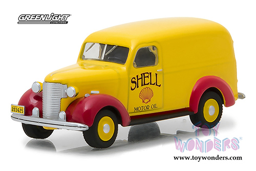 Greenlight - Running on Empty Series 4 | Chevrolet Panel Truck Shell Oil (1939, 1/64 scale diecast model car, Yellow/Red) 41040A/48