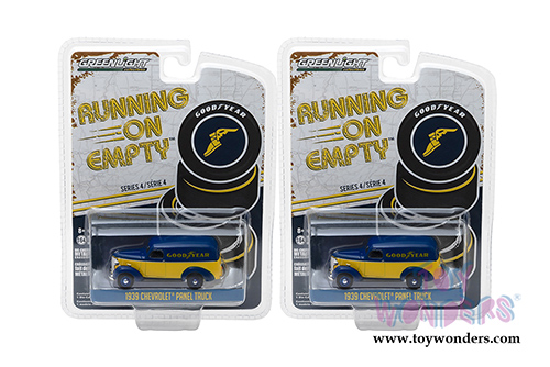 Greenlight - Running on Empty Series 4 | Chevrolet Panel Truck Goodyear Tires (1939, 1/64 scale diecast model car, Yellow/Blue) 41040B/48