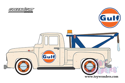 Greenlight - Running on Empty Series 4 | Ford F-100 with Drop-in Tow Hook Gulf Oil (1956, 1/64 scale diecast model car, Beige) 41040C/48