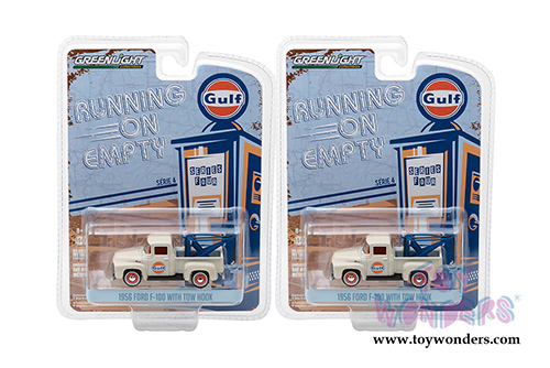 Greenlight - Running on Empty Series 4 | Ford F-100 with Drop-in Tow Hook Gulf Oil (1956, 1/64 scale diecast model car, Beige) 41040C/48