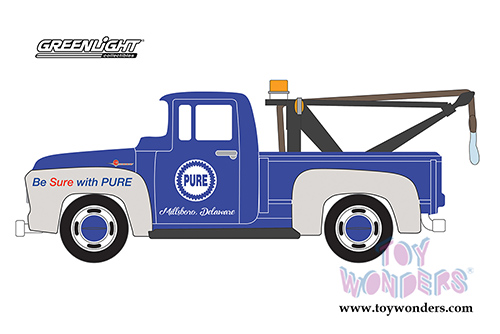 Greenlight - Running on Empty Series 5 | Ford F-100 with Drop-in Tow Hook Pure Oil "Be Sure with Pure" (1956, 1/64 scale diecast model car, Blue/White) 41050A/48