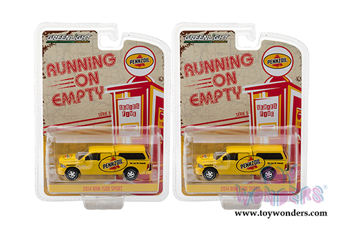 Greenlight - Running on Empty Series 5 | Ram 1500 with Camper Shell Pennzoil (2018, 1/64 scale diecast model car, Yellow) 41050F/48