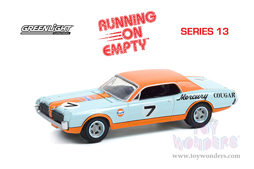 Greenlight - Running on Empty Series 13 | Mercury Cougar XR7 Trans Am T/A Racer #7 "Gulf Racing" (1967, 1/64 scale diecast model car, Light Blue/Orange) 41130B/48
