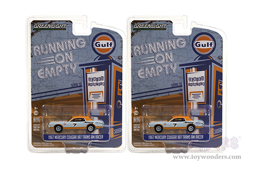 Greenlight - Running on Empty Series 13 | Mercury Cougar XR7 Trans Am T/A Racer #7 "Gulf Racing" (1967, 1/64 scale diecast model car, Light Blue/Orange) 41130B/48