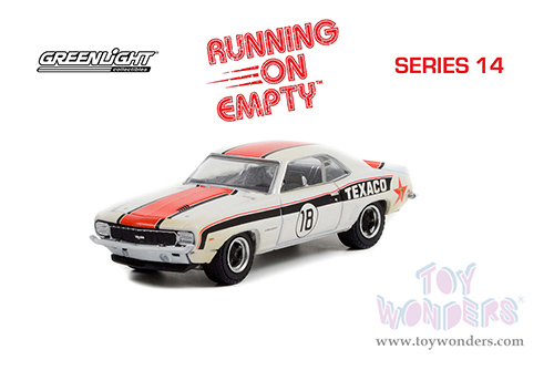 Greenlight - Running on Empty Series 14 | Chevrolet® Camaro RS #18 (Dirty Version) "Texaco" (1969, 1/64 scale diecast model car, White with Stripes) 41140B/48