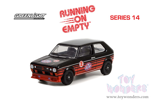 Greenlight - Running on Empty Series 14 | Volkswagen Golf GTI #2 "STP" (1980, 1/64 scale diecast model car, Black with Red Stripes) 41140D/48