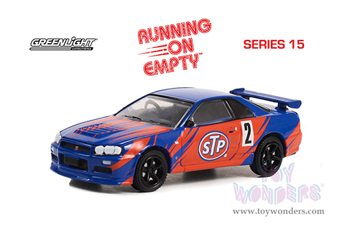 Greenlight - Running on Empty Series 15 | Nissan Skyline GT-R (R34) #2 "STP" (2002, 1/64 scale diecast model car, Blue) 41150D/48