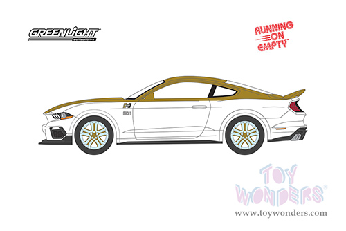 Greenlight - Running on Empty Series 15 | Ford Mustang Mach 1 "Hurst Performance" (2021, 1/64 scale diecast model car, White and Gold with Black Stripe) 41150E/48