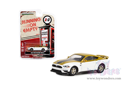 Greenlight - Running on Empty Series 15 | Ford Mustang Mach 1 "Hurst Performance" (2021, 1/64 scale diecast model car, White and Gold with Black Stripe) 41150E/48