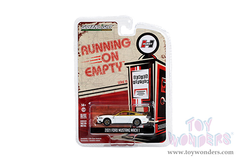 Greenlight - Running on Empty Series 15 | Ford Mustang Mach 1 "Hurst Performance" (2021, 1/64 scale diecast model car, White and Gold with Black Stripe) 41150E/48
