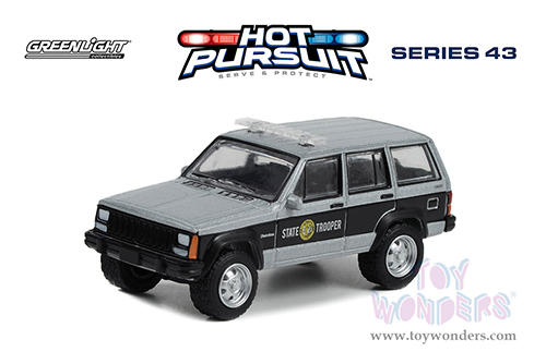 Greenlight - Hot Pursuit Series 43 | Jeep&reg; Cherokee "North Carolina Highway Patrol State Trooper" (1995, 1/64 scale diecast model car, Black and Silver Metallic) 43010D/48