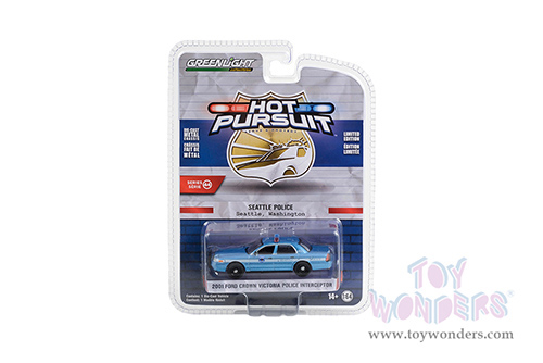 Greenlight - Hot Pursuit Series 44 | Ford Crown Victoria Police Interceptor "Seattle Police, Seattle Washington" (2001, 1/64 scale diecast model car, Light Blue/White stripe) 43020D/48