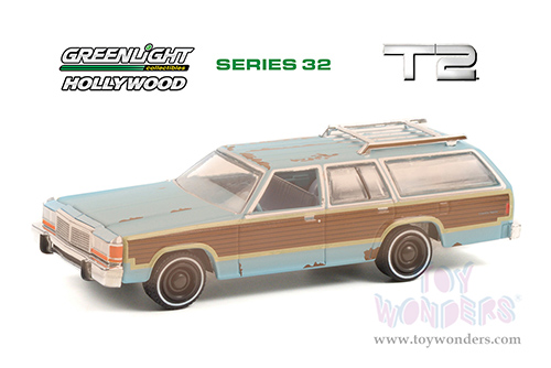 Greenlight - Hollywood Series 32 | Ford LTD Country Squire with Woodgrain Sides (Weathered) "Terminator 2: Judgment Day" (1991) Movie (1979, 1/64 scale diecast model car, Light Blue) 44920C/48