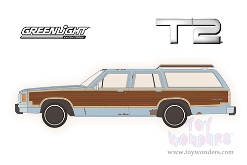 Greenlight - Hollywood Series 32 | Ford LTD Country Squire with Woodgrain Sides (Weathered) "Terminator 2: Judgment Day" (1991) Movie (1979, 1/64 scale diecast model car, Light Blue) 44920C/48