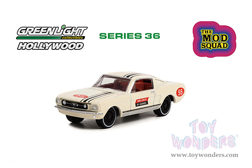 Greenlight - Hollywood Series 36 | Ford Mustang Fastback #55 "Thrill Circus By Karnes" "The Mod Squad" (1968-1973) TV Series (1967, 1/64 scale diecast model car, White) 44960A/48