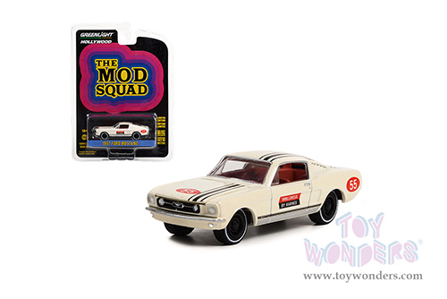 Greenlight - Hollywood Series 36 | Ford Mustang Fastback #55 "Thrill Circus By Karnes" "The Mod Squad" (1968-1973) TV Series (1967, 1/64 scale diecast model car, White) 44960A/48