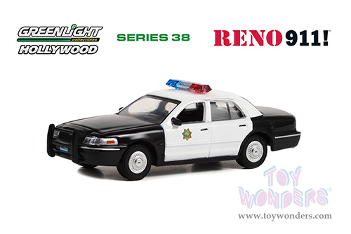 Greenlight - Hollywood Series 38 | Ford Crown Victoria Police Interceptor Reno Sheriff's Department "Lieutenant Jim Dangle" "Reno 911!" (2003-2009) TV Series (1998, 1/64 scale diecast model car, Black and White) 44980B/48