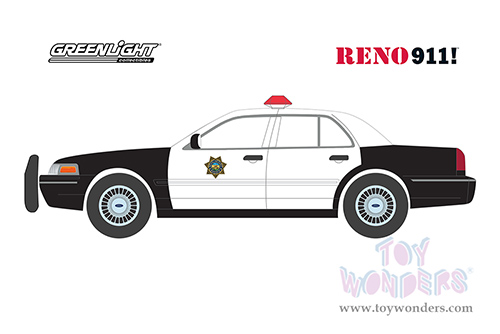 Greenlight - Hollywood Series 38 | Ford Crown Victoria Police Interceptor Reno Sheriff's Department "Lieutenant Jim Dangle" "Reno 911!" (2003-2009) TV Series (1998, 1/64 scale diecast model car, Black and White) 44980B/48