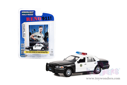 Greenlight - Hollywood Series 38 | Ford Crown Victoria Police Interceptor Reno Sheriff's Department "Lieutenant Jim Dangle" "Reno 911!" (2003-2009) TV Series (1998, 1/64 scale diecast model car, Black and White) 44980B/48