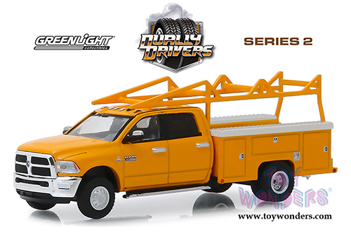 Greenlight - Dually Drivers Series 2 | Dodge Ram 3500 Dually Service Bed Truck with Ladder Rack (2018, 1/64 scale diecast model car, Orange) 46020C/48