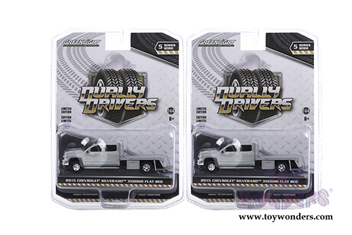 Greenlight - Dually Drivers Series 5 | Chevrolet&reg; Silverado 3500 Dually Flat Bed (2015, 1/64 scale diecast model car, Silver Ice) 46050A/48