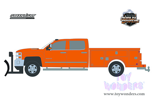 Greenlight - Dually Drivers Series 6 | Chevrolet&reg; Silverado 3500 Dually Service Bed with Snow Plow Pickup Truck (2018, 1/64 scale diecast model car, Tangier Orange) 46060B/48