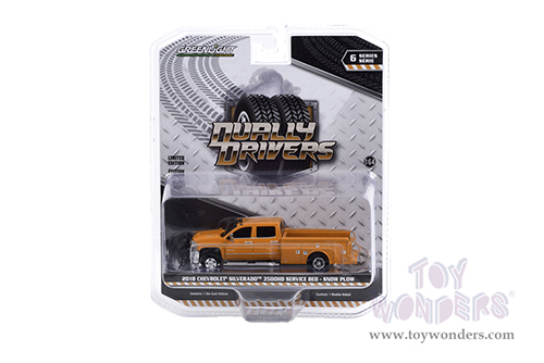Greenlight - Dually Drivers Series 6 | Chevrolet&reg; Silverado 3500 Dually Service Bed with Snow Plow Pickup Truck (2018, 1/64 scale diecast model car, Tangier Orange) 46060B/48