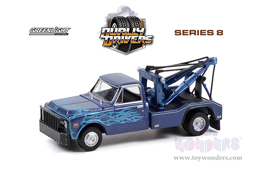 Greenlight - Dually Drivers Series 8 | Chevrolet&reg; C-30 Dually Wrecker Tow Truck (1969, 1/64 scale diecast model car, Blue Metallic with Flames) 46080A/48